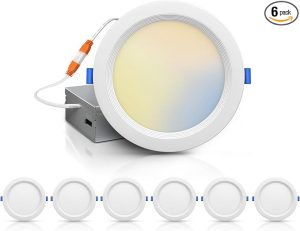 LED ultra thin downlights with 5 CCT selectable color temperatures, dimmable recessed lighting with baffle trim, 1200LM at 15W, IC rated retrofit can lights for kitchens, bathrooms, and damp locations."