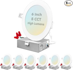 "LED ultra thin downlights with 5 CCT selectable color temperatures, canless recessed lighting with baffle trim, 1200LM at 15W, dimmable no can recessed lighting, IC rated retrofit can lights for kitchens, bathrooms, and recessed lighting from Lowes."