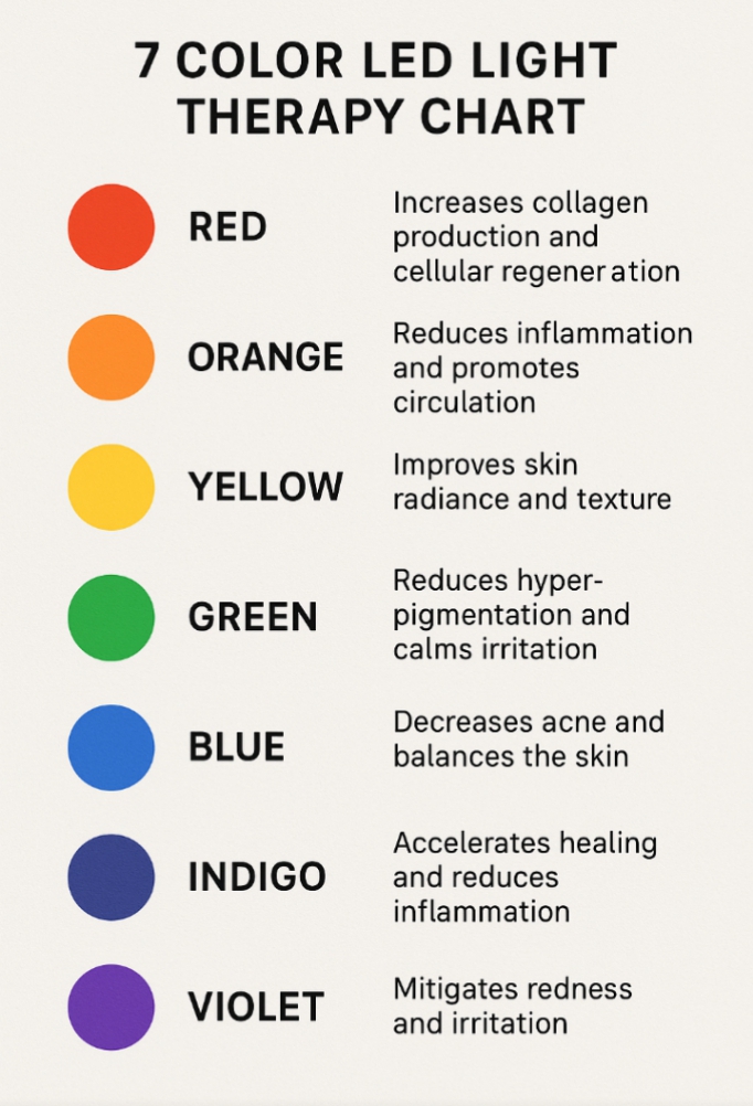 7-color LED light therapy chart showing red, orange, yellow, green, blue, indigo, and violet lights with their corresponding skincare benefits such as collagen production, inflammation reduction, and acne treatment.