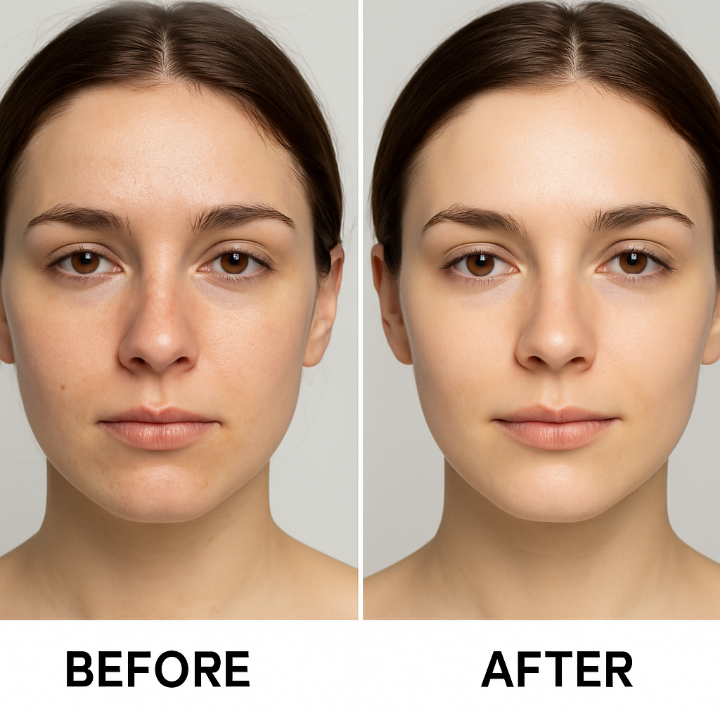 "Side-by-side comparison of a young woman’s face before and after infrared LED light therapy while explaining what color of led helps with detoxification. The left image labeled 'Before' shows a dull complexion with mild redness and puffiness. The right image labeled 'After' shows clearer, smoother, and more radiant skin, indicating detoxification benefits."