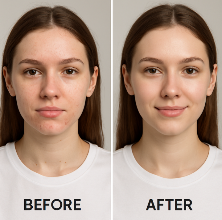 Before and after image of a 25-year-old woman showcasing the white LED light therapy benefits; the left side shows acne, dullness, and uneven skin tone, while the right side displays clearer, brighter, and more radiant skin, highlighting the therapy's effectiveness in improving skin clarity, reducing inflammation, and promoting overall skin rejuvenation.