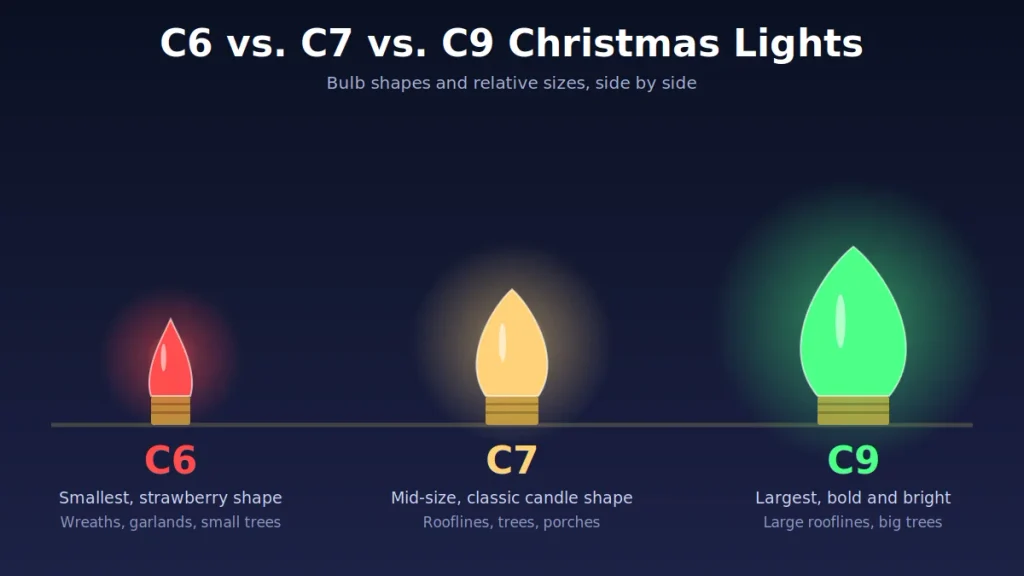 C6 vs C7 vs C9 Christmas light bulbs: shape and size comparison