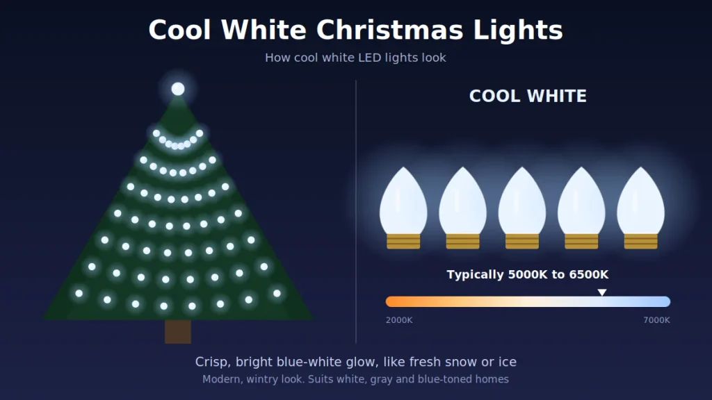 Cool white LED Christmas lights on a tree, 5000K to 6500K blue-white glow