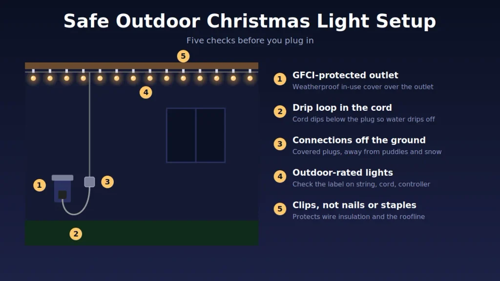 Safe outdoor Christmas light setup: GFCI outlet, drip loop, covered connections, outdoor-rated lights, clips