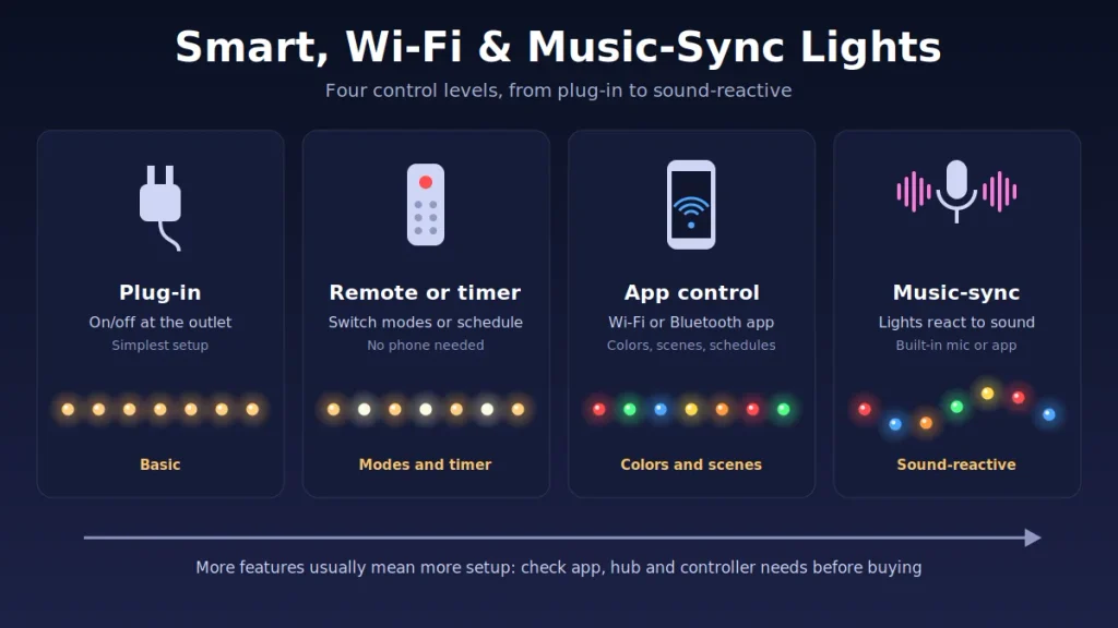 Smart, Wi-Fi and music-sync Christmas lights: four control levels from plug-in to sound-reactive