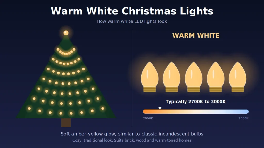 Warm white LED Christmas lights on a tree, 2700K to 3000K amber glow