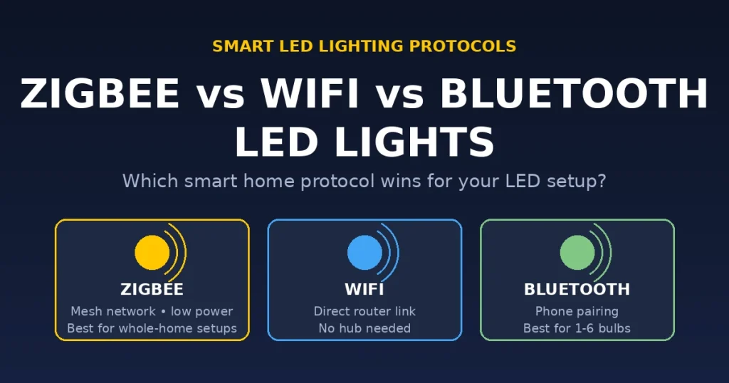 a row of smart LED bulbs next to a Zigbee hub, WiFi router, and a phone showing a Bluetooth pairing screen